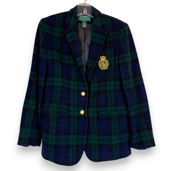 Vintage Ralph Lauren Crest Blazer Jacket Blackwatch Wool Cashmere Plaid 2P - Picture 1 of 11